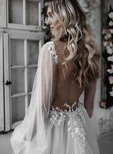 Chic A-line V-Neck Sweep Train Tulle Wedding Dress Lace-Dbrbridal