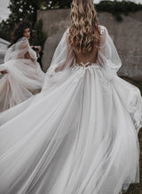 Chic A-line V-Neck Sweep Train Tulle Wedding Dress Lace-Dbrbridal