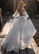 Chic A-line V-Neck Sweep Train Tulle Wedding Dress Lace-Dbrbridal