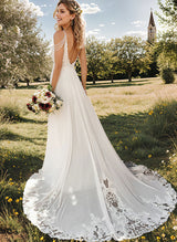 Chic A-line V-Neck Sweep Train Wedding Dress Lace Split Front-Dbrbridal