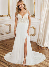 Chic A-line V-Neck Sweep Train Wedding Dress Lace Split Front-Dbrbridal