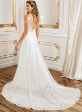 Chic A-line V-Neck Sweep Train Wedding Dress Lace Split Front-Dbrbridal