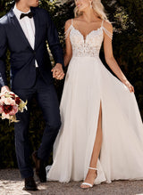 Chic A-line V-Neck Sweep Train Wedding Dress Lace Split Front-Dbrbridal