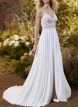 Chic A-line V-Neck Tulle Wedding Dresses Split Front Appliques Lace-Dbrbridal