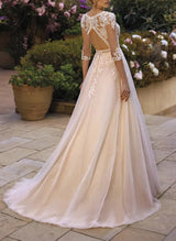 Chic A-line V-Neck Wedding Dresses 3 4 Sleeves Lace Tulle Appliques Lace Back Hole-Dbrbridal