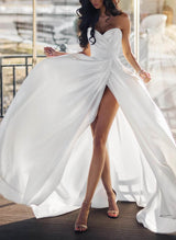 Chic A-line Wedding Dresses High Slit Summer Beach Satin Elegant Sweetheart-Dbrbridal
