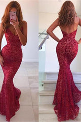Chic Backless Mermaid Prom Dresses Long Red Sleeveless V-Neck Evening Party Gowns-Dbrbridal