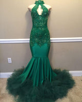 Chic Beads Appliques Halter Prom Dresses Fit and Flare Sleeveless Tulle Evening Gowns-Dbrbridal