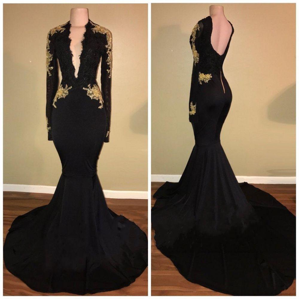 Chic Black and Gold Prom Dresses Sexy Deep V-Neck Long Sleeves Evening Dbrbridal Chic Black and Gold Prom Dresses Sexy Deep V-Neck Long Sleeves Evening Dbrbridal