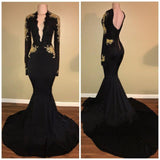 Chic Black and Gold Prom Dresses Sexy Deep V-Neck Long Sleeves Evening Gowns-Dbrbridal
