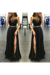 Chic Black Illusion Designer Two Pieces Formal DressesFront Split Spaghetti-Straps-Dbrbridal