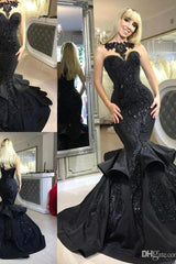 Chic Black Mermaid Formal DressesLong Sequins Ruffles Party Gowns-Dbrbridal