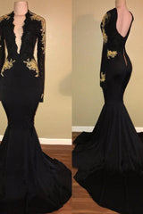 Chic Black prom dress Mermaid Long Sleevess Evening Party Gowns-Dbrbridal