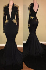 Chic Black prom dress Mermaid Long Sleevess Evening Party Gowns-Dbrbridal