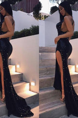 Chic Black Sequins Backless Party Gown Long Split Formal Dresses-Dbrbridal