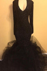 Chic black sequins prom dress, ruffles Evening Party Gowns-Dbrbridal