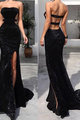 Chic Black Tube Top Sequins Long Prom Dress With Split White Open Back Party Gowns-Dbrbridal