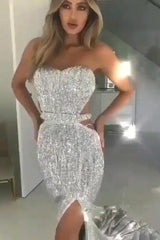Chic Black Tube Top Sequins Long Prom Dress With Split White Open Back Party Gowns-Dbrbridal
