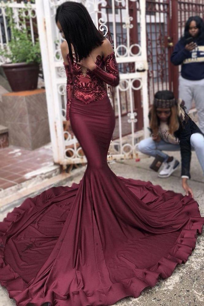 Chic Burgundy Evening Gowns Sequins Mermaid Prom Dresses Long Sleeves Dbrbridal Chic Burgundy Evening Gowns Sequins Mermaid Prom Dresses Long Sleeves Dbrbridal