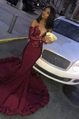 Chic Burgundy Evening Gowns Sequins Mermaid Prom Dresses Long Sleeves Evening Dresses Online-Dbrbridal