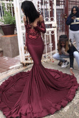 Chic Burgundy Evening Gowns Sequins Mermaid Prom Dresses Long Sleeves Evening Dresses Online-Dbrbridal