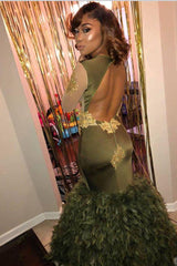 Chic Crew Neck Long Sleevess Feather Puffy Train Dark Green Formal Dresses-Dbrbridal
