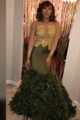 Chic Crew Neck Long Sleevess Feather Puffy Train Dark Green Formal Dresses-Dbrbridal