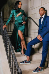 Chic Dark Green Appliques Front Split Formal DressesLong Sleevess-Dbrbridal