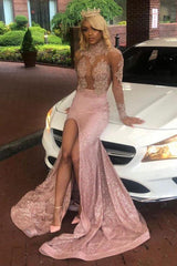 Chic Dusty Pink Long Sleeves Lace Appliques New Arrival High Split Sequins Long Prom Gowns-Dbrbridal