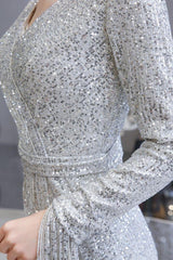 Chic Gorgeous Sequins Burgundy Evening Gowns Long Sleevess V-Neck Mermaid Long Prom Dresses-Dbrbridal