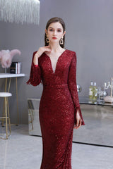 Chic Gorgeous Sequins Burgundy Evening Gowns Long Sleevess V-Neck Mermaid Long Prom Dresses-Dbrbridal