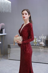 Chic Gorgeous Sequins Burgundy Evening Gowns Long Sleevess V-Neck Mermaid Long Prom Dresses-Dbrbridal