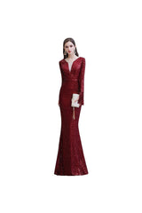 Chic Gorgeous Sequins Burgundy Evening Gowns Long Sleevess V-Neck Mermaid Long Prom Dresses-Dbrbridal
