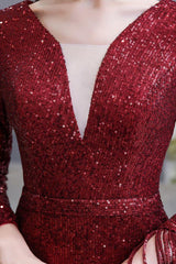 Chic Gorgeous Sequins Burgundy Evening Gowns Long Sleevess V-Neck Mermaid Long Prom Dresses-Dbrbridal