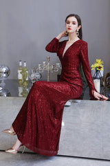 Chic Gorgeous Sequins Burgundy Evening Gowns Long Sleevess V-Neck Mermaid Long Prom Dresses-Dbrbridal