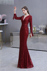 Chic Gorgeous Sequins Burgundy Evening Gowns Long Sleevess V-Neck Mermaid Long Prom Dresses-Dbrbridal
