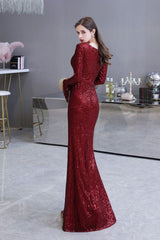 Chic Gorgeous Sequins Burgundy Evening Gowns Long Sleevess V-Neck Mermaid Long Prom Dresses-Dbrbridal