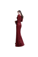 Chic Gorgeous Sequins Burgundy Evening Gowns Long Sleevess V-Neck Mermaid Long Prom Dresses-Dbrbridal