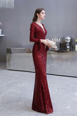 Chic Gorgeous Sequins Burgundy Evening Gowns Long Sleevess V-Neck Mermaid Long Prom Dresses-Dbrbridal