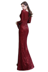 Chic Gorgeous Sequins Burgundy Evening Gowns Long Sleevess V-Neck Mermaid Long Prom Dresses-Dbrbridal