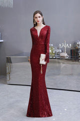 Chic Gorgeous Sequins Burgundy Evening Gowns Long Sleevess V-Neck Mermaid Long Prom Dresses-Dbrbridal