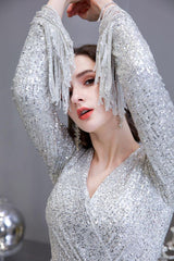 Chic Gorgeous Sequins Burgundy Evening Gowns Long Sleevess V-Neck Mermaid Long Prom Dresses-Dbrbridal