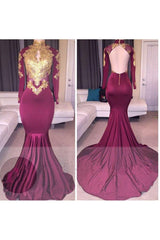 Chic High-Neck Long Sleeves Gold-Appliques Backless Prom Dresses-Dbrbridal