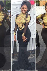 Chic High-Neck Long Sleeves Gold-Appliques Backless Prom Dresses-Dbrbridal