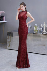 Chic Illusion neck Burgundy Evening Gowns Sleeveless Mermaid Formal Dresses-Dbrbridal