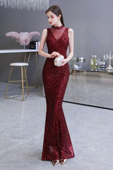 Chic Illusion neck Burgundy Evening Gowns Sleeveless Mermaid Formal Dresses-Dbrbridal