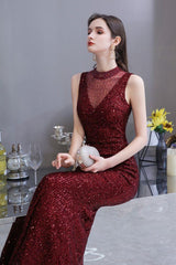 Chic Illusion neck Burgundy Evening Gowns Sleeveless Mermaid Formal Dresses-Dbrbridal