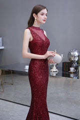 Chic Illusion neck Burgundy Evening Gowns Sleeveless Mermaid Formal Dresses-Dbrbridal