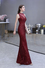 Chic Illusion neck Burgundy Evening Gowns Sleeveless Mermaid Formal Dresses-Dbrbridal