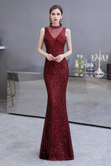Chic Illusion neck Burgundy Evening Gowns Sleeveless Mermaid Formal Dresses-Dbrbridal